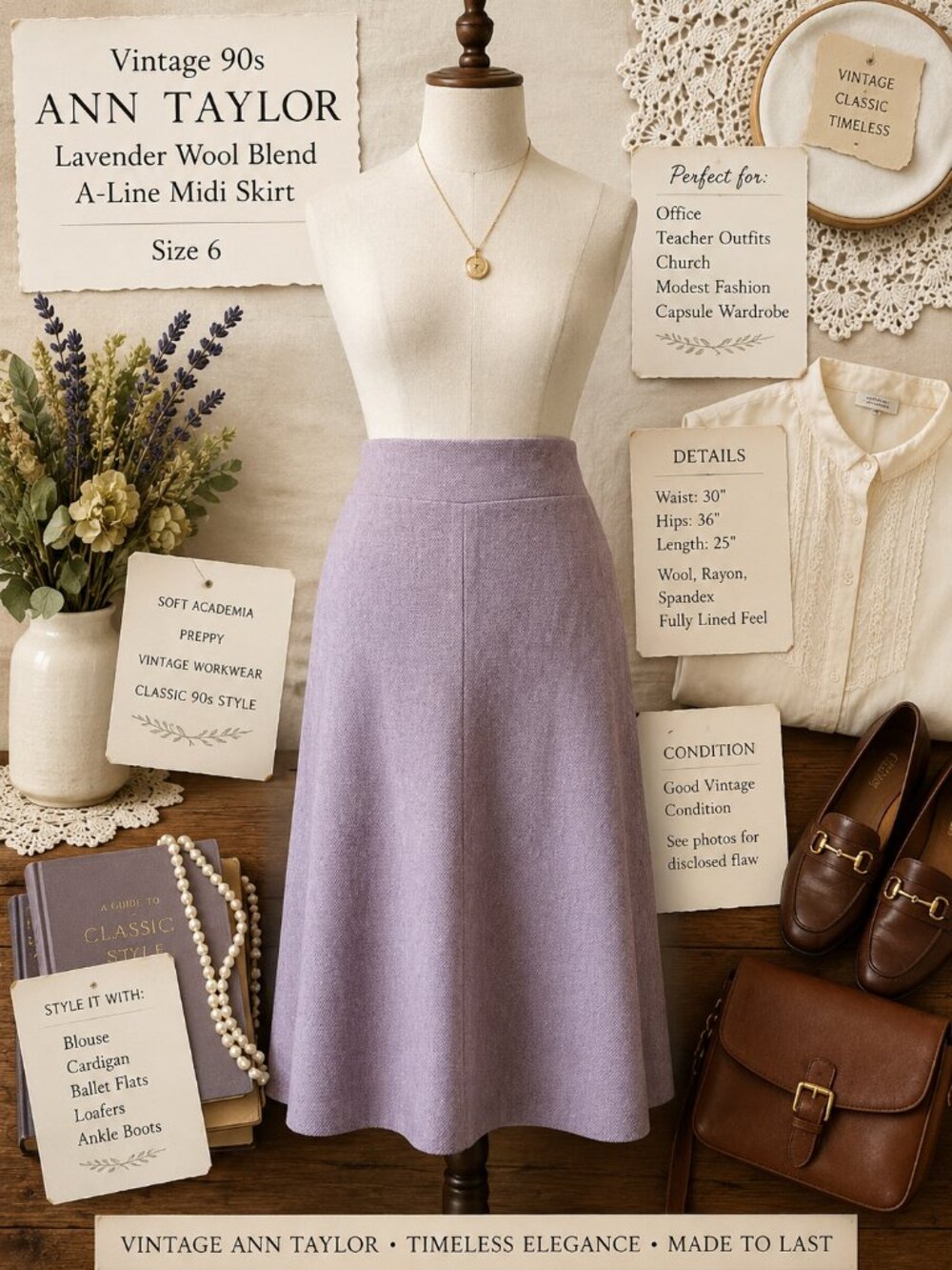 Vintage Ann Taylor Lavender Wool Blend Midi Skirt Size 6 90s Preppy A-Line